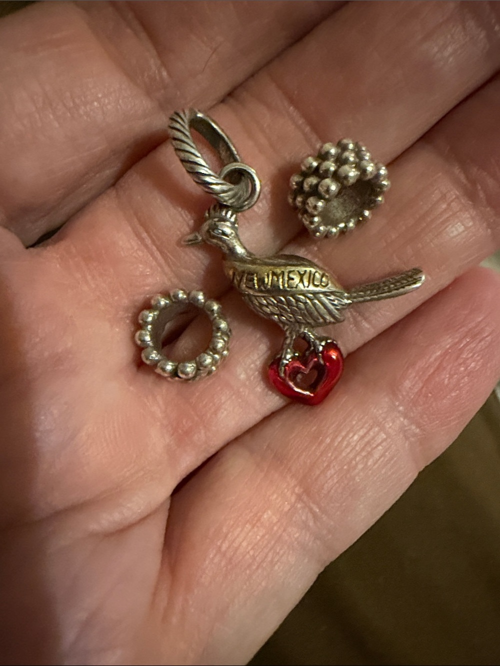 Brighton New Mexico roadrunner Charm with Red Heart Accent and two beads